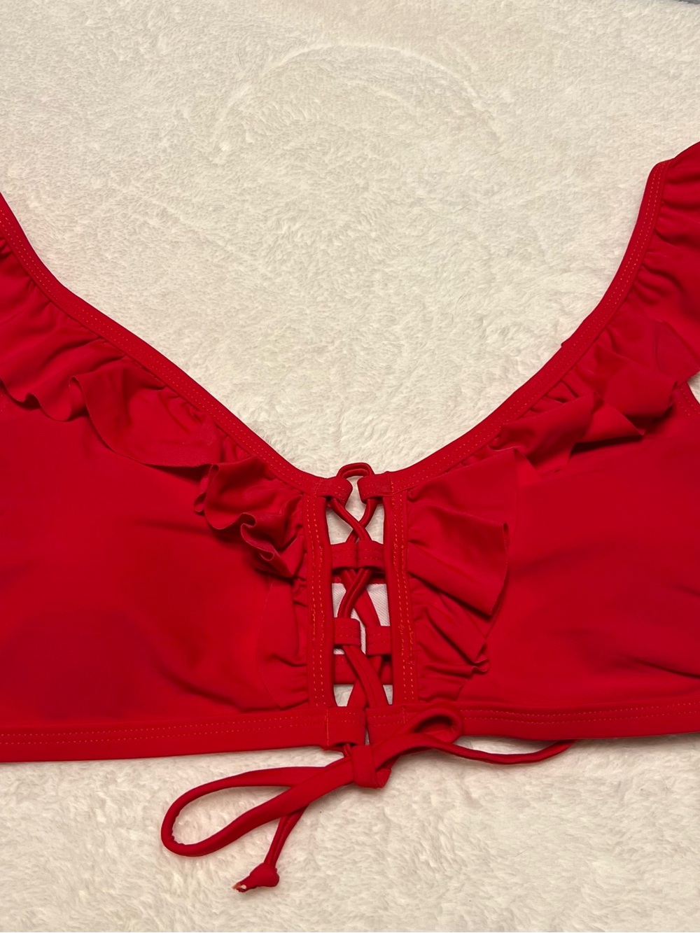 Ruffled Lace-Up Red Bikini Top
